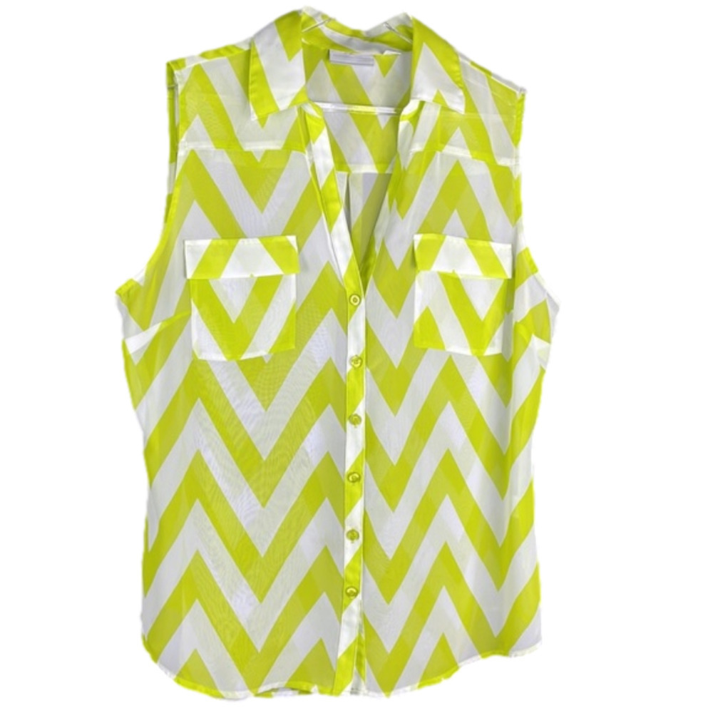 NEW York & Company Lime Green and White Chevron Pattern Sleeveless Sheer Blouse